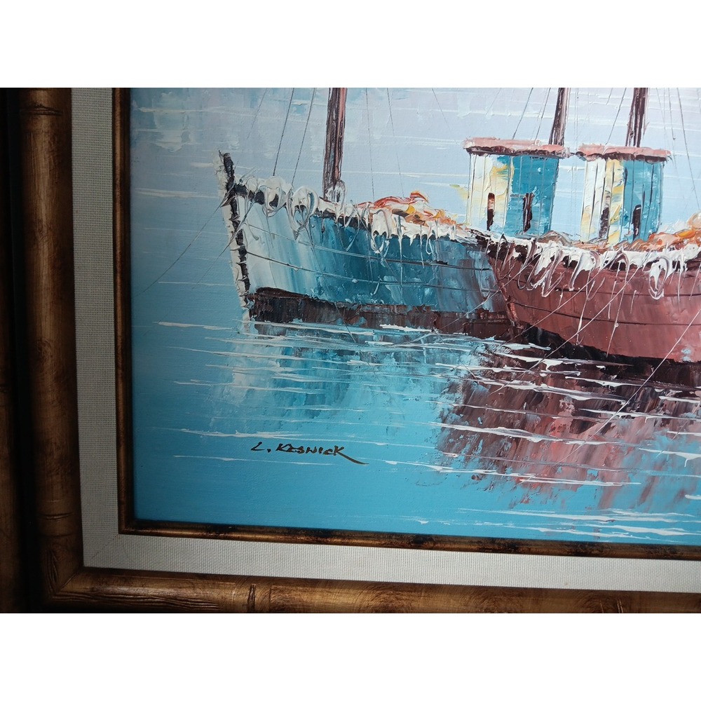 MCM Original KESWICK Oil Painting Fishing Boats in Harbor PINK SKY Calm Nautical - Picture 7 of 12